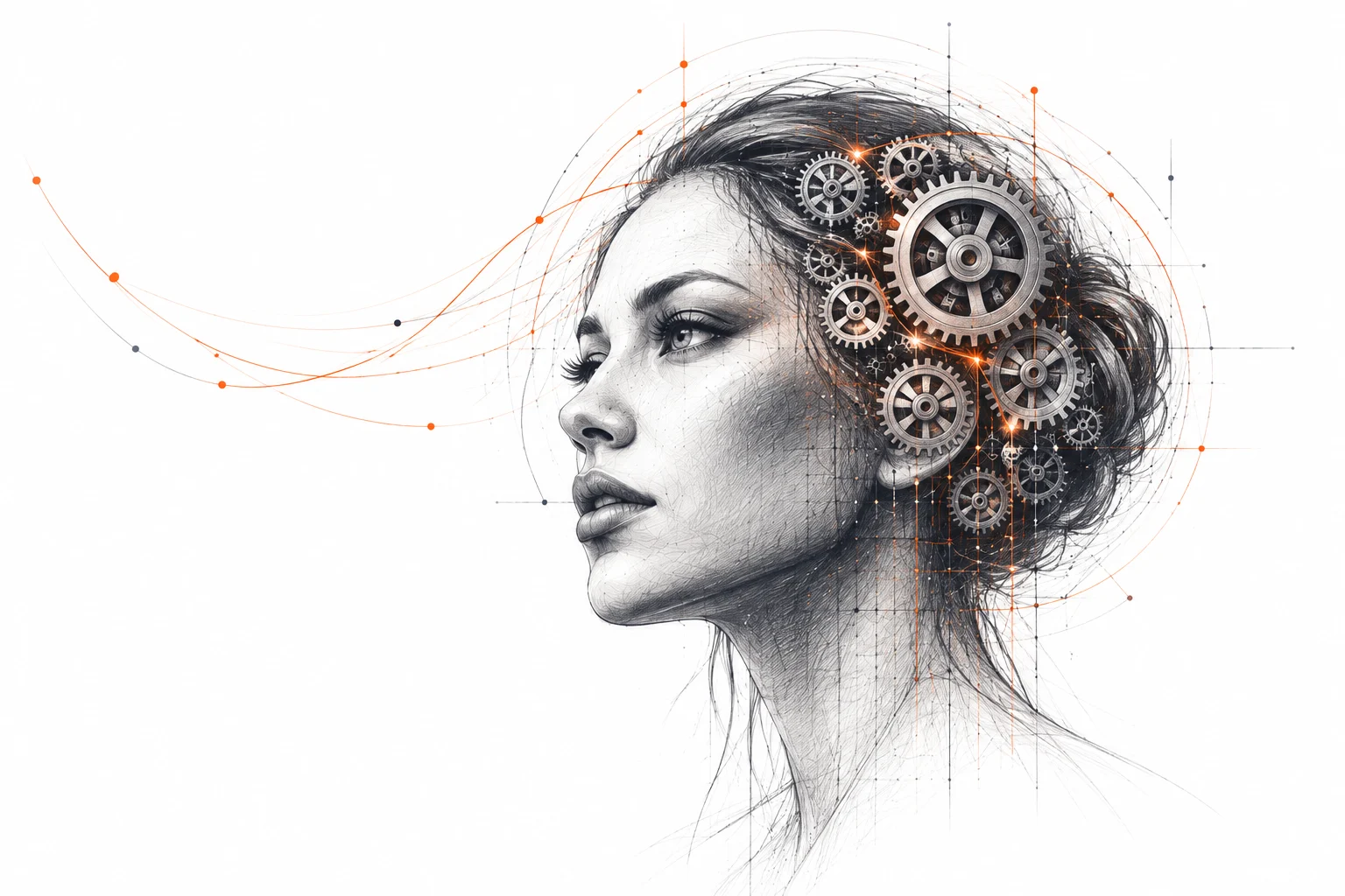 Fine-line Rimon illustration connecting human insight with technology