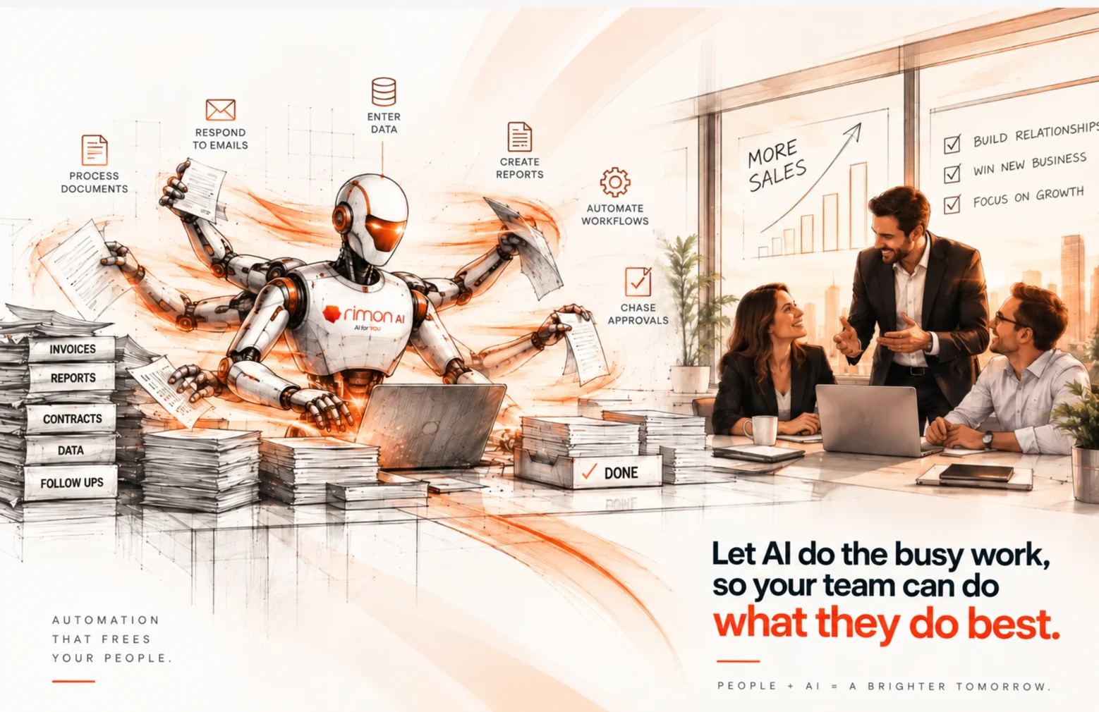 Rimon concept artwork: an AI assistant handles routine tasks while people collaborate